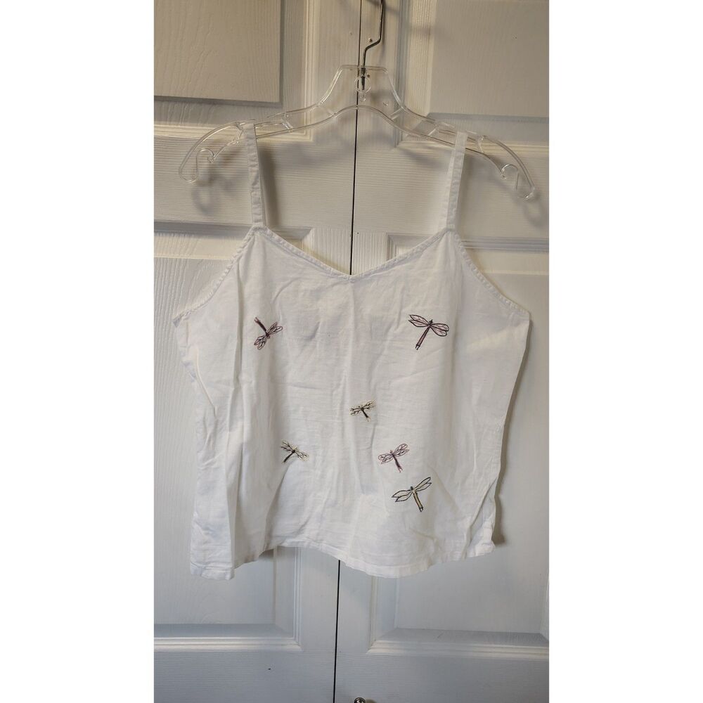 VTG TJ Studio Y2K White Cotton Dragonfly Embroidered Cami Tank Top Large Boho